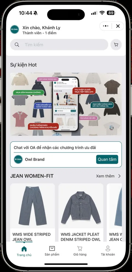 Mini App OWL Brand: trang chủ với sự kiện và danh mục sản phẩm