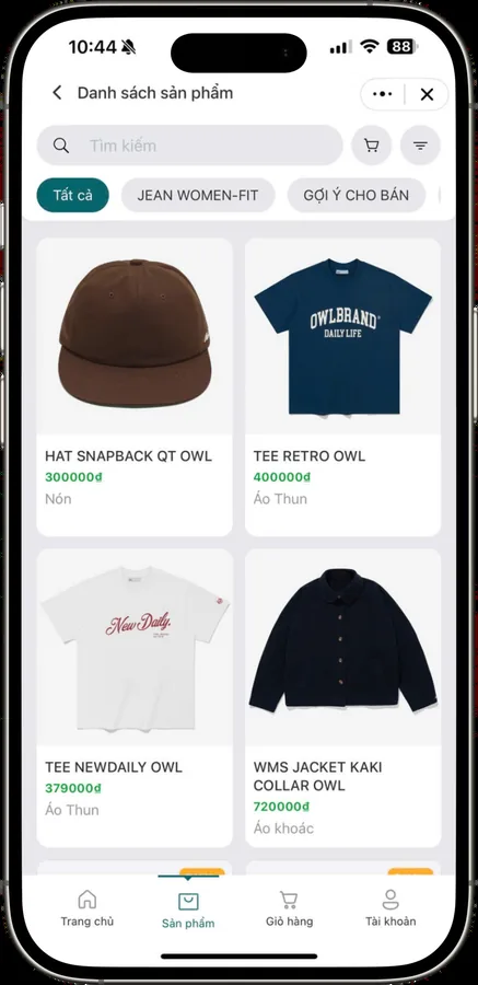Mini App OWL Brand: danh sách sản phẩm kèm giá