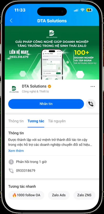 Trang Zalo Official Account của DTA Solutions, đã xác minh, có nút Nhắn tin và Quan tâm