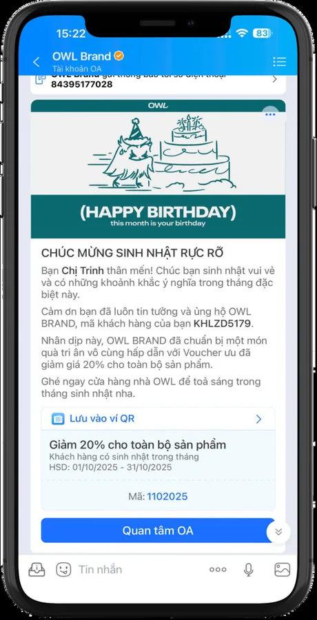 Tin ZNS chúc mừng sinh nhật gửi tới khách hàng qua Zalo OA